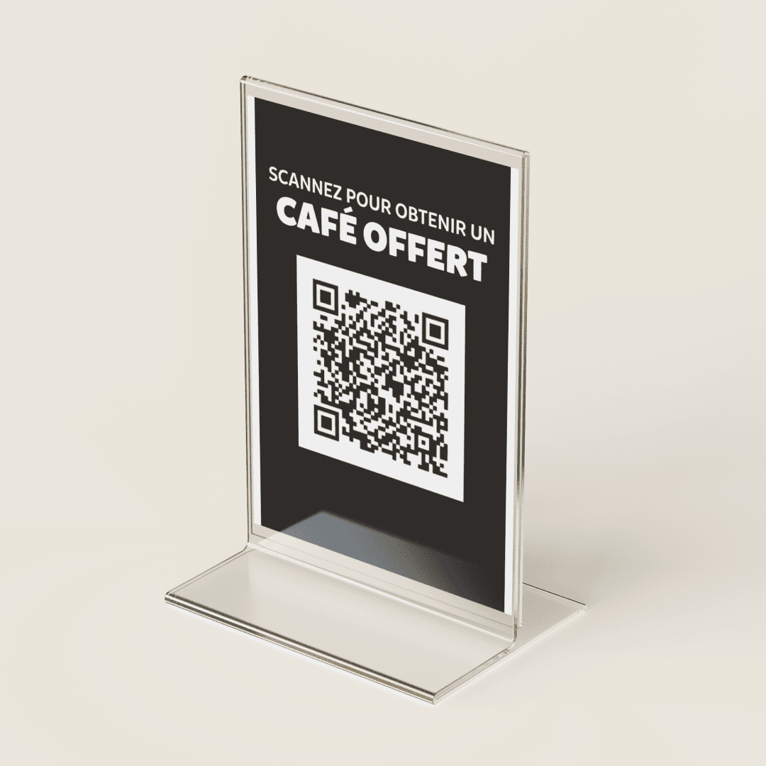 Présentoir avec QR code pour rejoindre un programme de fidélité